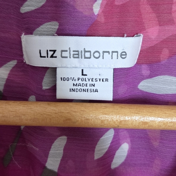 Liz Claiborne | Sheer Colorful Tropical Leaf Sleeveless Button Front Blouse - Picture 3 of 5